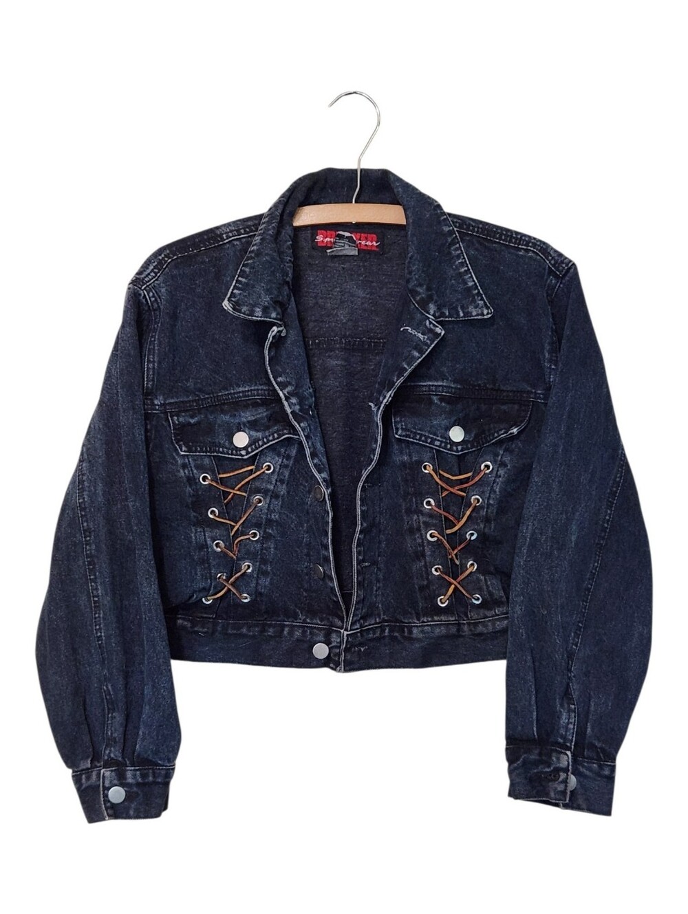 VTG 80's Breaker Sportswear Leather Corset Black Cropped Denim Jacket Size Large